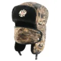 Camouflage ushanka winter hat with black faux fur, earflaps, and windproof mask for outdoor cold. - One Size / Yellow Leaf + Double-Headed Eagle Badge