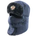 Winter warm ushanka bomber hat with face mask and badge for outdoor cold weather cycling. - Navy + Double-Headed Eagle Badge