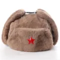 Winter plush ushanka bomber hat with red star badge, warm faux fur earflap cap for cold. - One Size / Coffee + Red Star