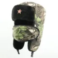 Winter camo ushanka hat with Soviet star badge, thick plush earflaps and windproof face mask. - One Size / Green Leaf + Hammer and Sickle Star Badge
