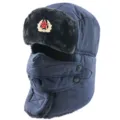 Soviet badge ushanka winter hat with face mask thick warm fleece earflap cap for outdoor - Navy Blue with Soviet Badge