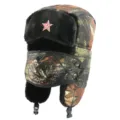 Winter camouflage ushanka hat with Soviet star badge, thick warm earflap trapper cap. - One Size / Brown Leaf + Hammer and Sickle Star Badge