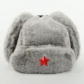 Grey faux rabbit fur ushanka winter hat with red star badge, warm windproof ear protection. - One Size / Light Gray + Red Star