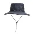 Dark grey outdoor sun hat detail featuring breathable mesh panels and adjustable chin cord. - Navy Blue