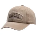 Nahaufnahme Detailansicht der gewaschenen Baumwoll-Baseballkappe mit gesticktem New York Text. - Einheitsgröße / Khaki