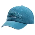 Close-up detail of washed cotton baseball cap front embroidery, breathable eyelets. - One Size / Lake Blue