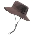Detailed side view of a brown outdoor bucket hat with chin strap and ventilation eyelets. - One Size / Coffee