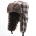 Brown plaid ushanka hat with thick faux fur lining for winter outdoor sports and skiing - One Size / Coffee and Beige Plaid