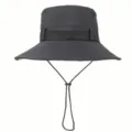 Detailansicht eines schwarzen Outdoor-Sonnenhuts, atmungsaktiver Sonnenhut mit Kinnriemen. - Einheitsgröße / Schwarz