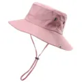 Pink outdoor bucket hat detail, sun protection fabric, adjustable chin strap, metal eyelets. - One Size / Pink