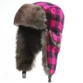 Thickened plaid bomber hat with faux fur earflaps, windproof winter ski hat for men and women. - One Size / Rose Red and Black Plaid