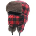 Red black plaid trapper hat winter ushanka windproof bomber hat with face mask detail view - One Size / Plaid with Mask - Black and Red Plaid