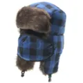 Blue and black plaid winter ushanka hat with warm faux fur earflaps and windproof face mask. - One Size / Plaid with Mask - Black and Blue Plaid