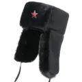 Classic black faux fur ushanka winter hat with red star badge, warm outdoor bomber hat. - One Size / Black + Hammer and Sickle Star