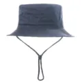 Detailed view of navy blue bucket hat with adjustable chin strap for sun protection. - Navy Blue