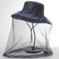 Outdoor mesh anti-mosquito sun hat detail view, breathable wide brim fisherman hat for fishing hiking. - Navy Blue With Mesh