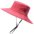 Detail view of pink outdoor sun hat showing wide brim, mesh panel, and adjustable strap. - Solid Watermelon Red
