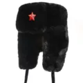 Classic black ushanka winter hat with red star badge, thick plush earflap warm bomber cap. - Black + Red Star