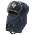 Thickened windproof waterproof ushanka hat with earflaps, Russian military badge winter warm hat - Navy + Double-Headed Eagle Badge