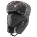 Thickened windproof waterproof ushanka hat with Soviet star badge and removable face mask - Black + Hammer and Sickle Star