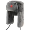 Grey winter warm earflap ushanka hat with red star badge, thickened plush cold-proof hat. - Gray + Red Star