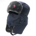 Thickened winter ushanka hat with earflaps, windproof and waterproof outdoor bomber hat. - Navy + Hammer and Sickle Star