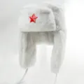 White Soviet Style Ushanka Hat with Red Star Winter Warm Thermal Ear Flap Trapper Hat - White + Red Five-Pointed Star