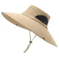 Detailansicht des breiten Sonnenhuts, khaki Sommer Outdoor Angelkappe mit Netz und Kinnriemen. - Khaki