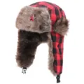 Rote schwarze Karo Trapper Mütze mit Plüsch und Sowjet Abzeichen für Winter Outdoor. - Hammer und Sichel Pentagramm / Schwarz-Rot Kariert