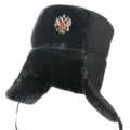 Thickened winter earflap hat with Russian emblem, fleece lined warm ushanka for cold weather. - Black Fabric with Black Fur + Double-Headed Eagle Badge