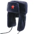 Soviet style winter warm ushanka hat with red star plush thick earflap bomber hat for men - Navy Blue + Red Five-Pointed Star