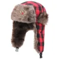Winter Russische Ushanka Mütze Rot Schwarz Karo Kunstfell Trapper Hat Warme Mütze - Doppeladler-Emblem / Schwarz-Rot Kariert