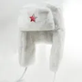 White ushanka winter hat with Soviet red star badge warm plush earflap bomber hat for outdoor - White + Hammer and Sickle Star