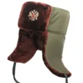 Winter warm Ushanka hat with earflaps, military green fabric and brown faux fur design. - Army Green with Brown Fur + Double-Headed Eagle Badge