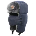 Windproof winter ushanka hat with earflaps, waterproof fabric and Russian badge for outdoor. - One Size / Navy + Double-Headed Eagle Badge