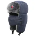 Thickened windproof winter ushanka hat with ear flaps and retro red star badge for outdoor warmth. - One Size / Navy + Hammer and Sickle Star