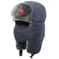 Thickened winter warm ushanka trapper hat with windproof fabric and cozy ear flaps. - One Size / Navy + Red Star