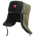 Winter warm ushanka hat with red star badge, thick plush earflap bomber cap for outdoor riding. - Army Green with Black Fur + Red Star Badge