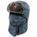 Bonnet ushanka d'hiver en similicuir chaud avec masque facial et insigne étoile rouge. - Taille unique / Bleu + Étoile Rouge
