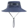 Navy blue wide-brim bucket hat with breathable mesh and chin strap for outdoor sun protection. - Navy Blue