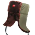 Winter thermal bomber hat with plush earflaps and red star badge, windproof cold weather cap. - Army Green with Brown Fur + Red Star Badge