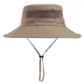 Khaki wide-brim sun bucket hat with breathable mesh and chin strap for outdoor summer travel. - Dark Beige