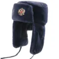 Blue winter ushanka hat with faux fur and ear flaps, warm thick windproof Russian trooper cap. - Navy Blue + Double-Headed Eagle Badge