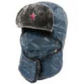 Bonnet ushanka thermique d'hiver avec badge étoile soviétique, chapeau en cuir imperméable. - Taille unique / Bleu + Étoile Marteau et Faucille