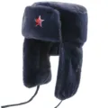 Dark blue winter ushanka hat with Soviet red star badge, warm fleece ear-flap bomber hat. - Navy Blue + Hammer and Sickle Star