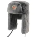 Grey faux fur ushanka hat with winter earflaps and golden emblem, thick warm trapper cap. - Gray + Double-Headed Eagle Badge