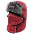 Bonnet ushanka en cuir rouge avec étoile soviétique, chapeau chaud en peluche pour cyclisme. - Taille unique / Rouge + Étoile Faucille et Marteau