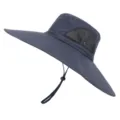 Unisex dark blue wide brim sun hat with breathable mesh and adjustable chin strap for outdoor. - Navy Blue