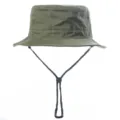 Close-up detail of outdoor green bucket hat with black adjustable chin strap for sun protection. - Army Green