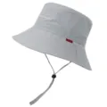 Detailansicht grauer Sonnenhut mit verstellbarem Kinnriemen, wasserdichtem Stoff und Logo. - Einheitsgröße / Hellgrau